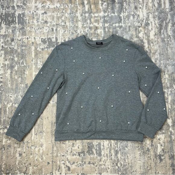 Boutique WHY Dress Pearl embellished preppy gray sweatshirt Large - Picture 1 of 6